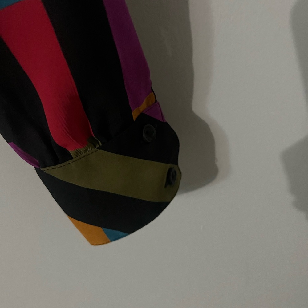 Vintage 80s Mary West French Multicolor Striped Women's Button Down Silky Blouse - Picture 4 of 7